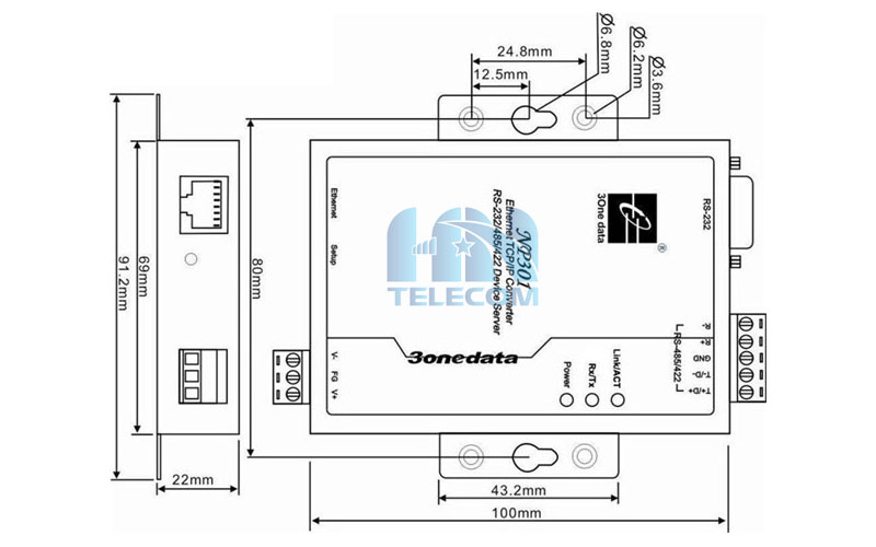 Kích thước bộ chuyển đổi rs485-232-422-3onedata np301