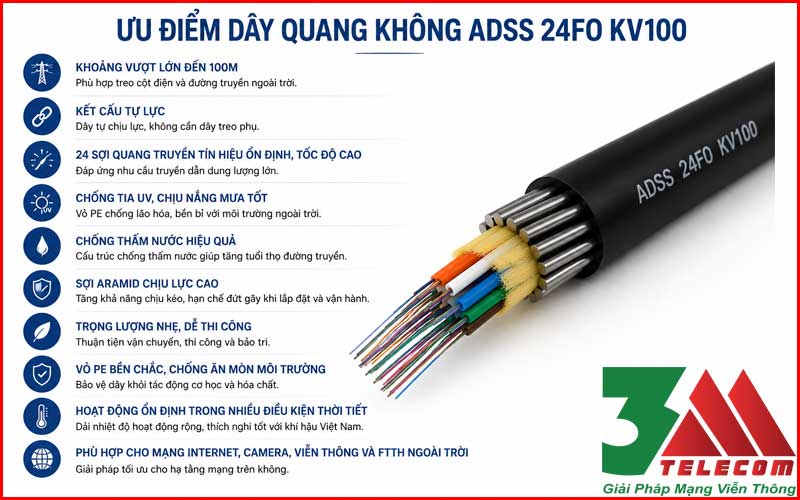 Cáp Quang ADSS 24FO KV100 Chính Hãng – Giải Pháp Truyền Dẫn Ngoài Trời Ổn Định