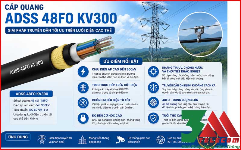 Cáp Quang ADSS 48FO KV300 Chính Hãng – Giải Pháp Truyền Dẫn Ngoài Trời 