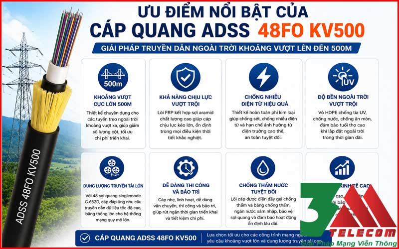 Cáp Quang ADSS 48FO KV500 Chính Hãng – Giải Pháp Truyền Dẫn Ngoài Trời Khoảng Vượt 500m