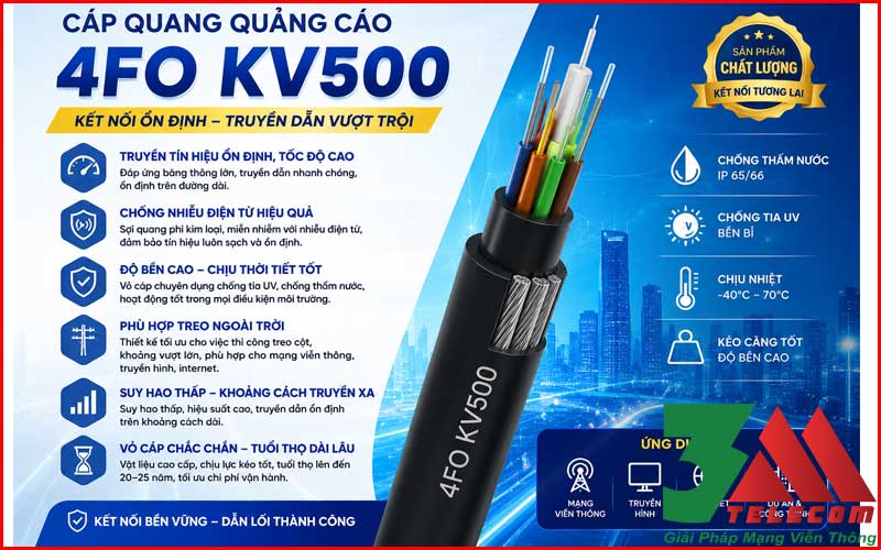 Cáp Quang ADSS 4FO KV500 Chính Hãng – Giải Pháp Truyền Dẫn Khoảng Vượt 500m