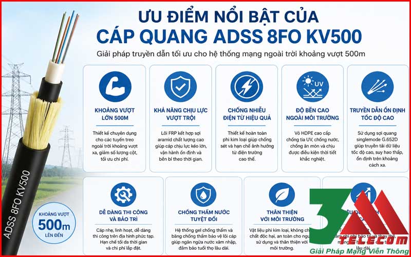 Cáp Quang ADSS 8FO KV500 Chính Hãng – Giải Pháp Truyền Dẫn Ngoài Trời Khoảng Vượt 500m
