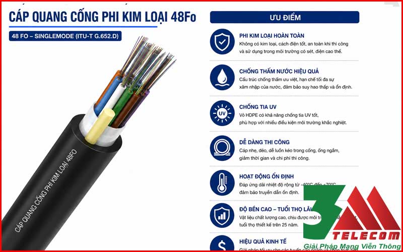 Cáp Quang Cống phi Kim Loại 48Fo Chính Hãng