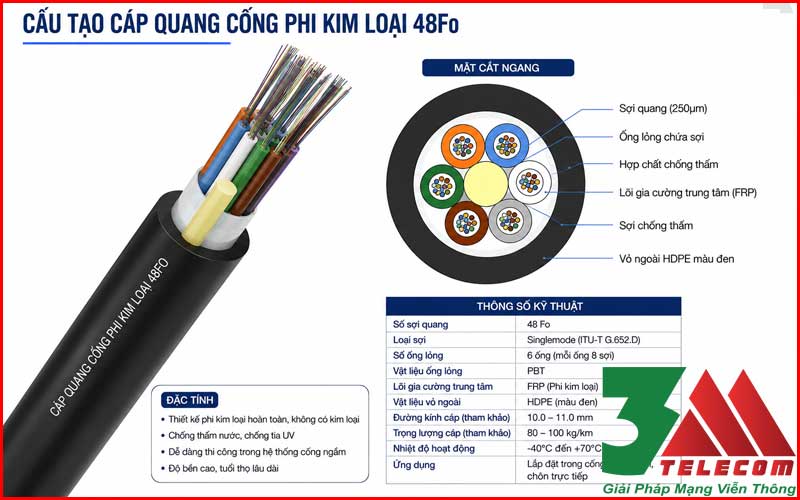 Cáp Quang Cống phi Kim Loại 48Fo Chính Hãng