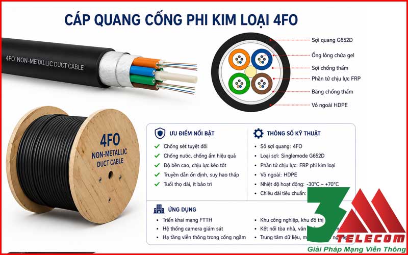 Cáp quang cống phi kim loại 4FO chính hãng