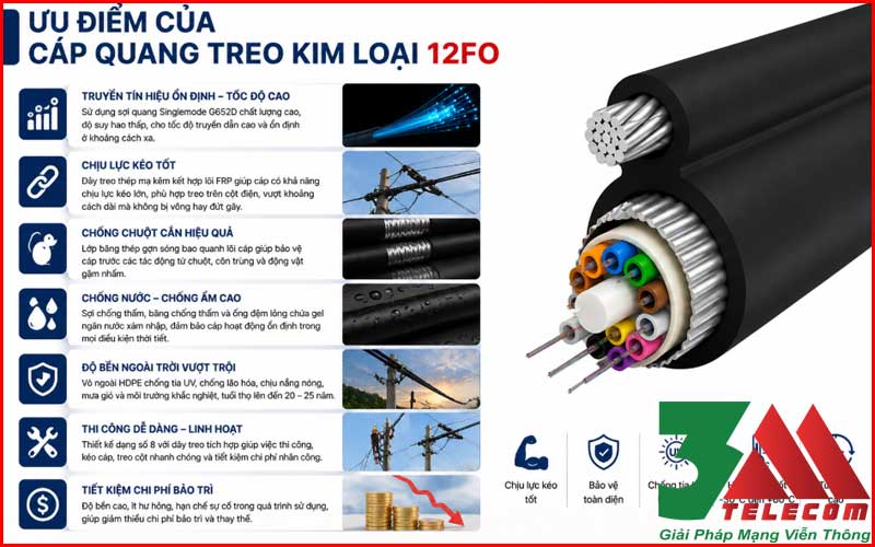 Cáp Quang Treo Kim Loại 12Fo Singlemode Chính Hãng