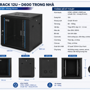 Tủ Rack 12U D600 Có Bánh Xe Thiết Kế Chắc Chắn, Dễ Di Chuyển