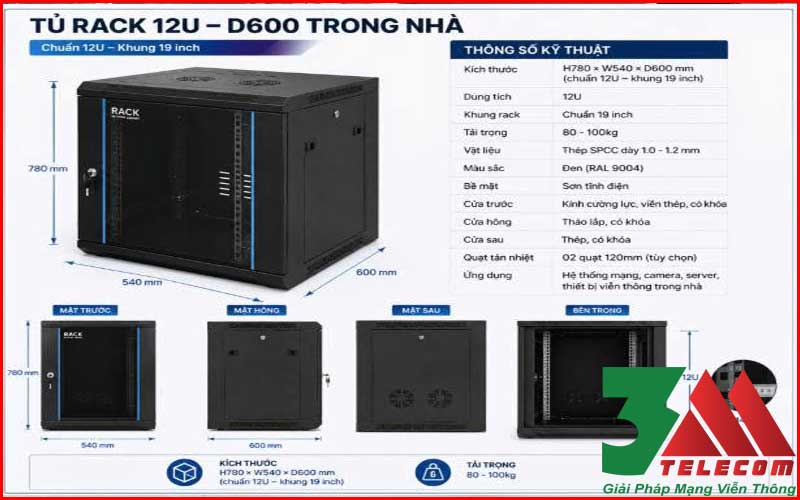 Tủ Rack 12U-D600 Trong Nhà – Giải Pháp Bảo Vệ Thiết Bị Mạng Trong Nhà Hiệu Quả