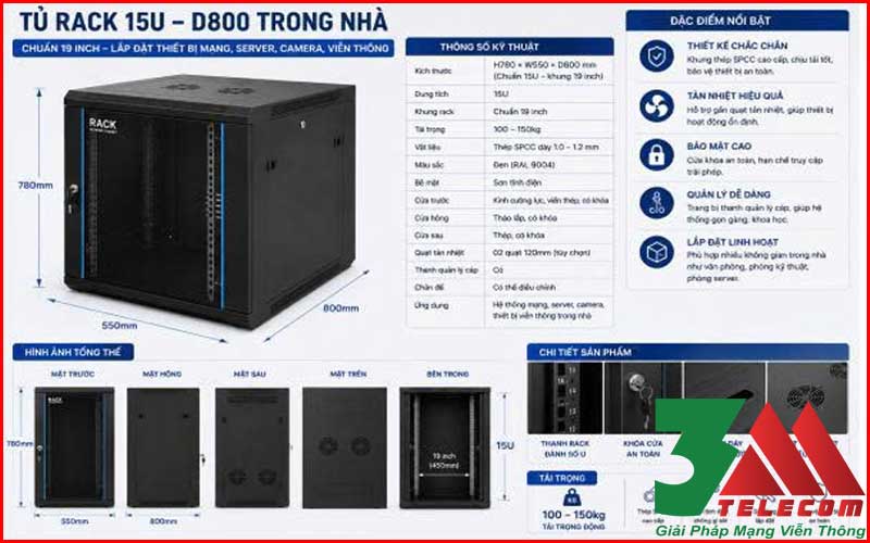 Tủ Rack 15U-D800 Trong Nhà – Giải Pháp Bảo Vệ Thiết Bị Mạng Trong Nhà Hiệu Quả