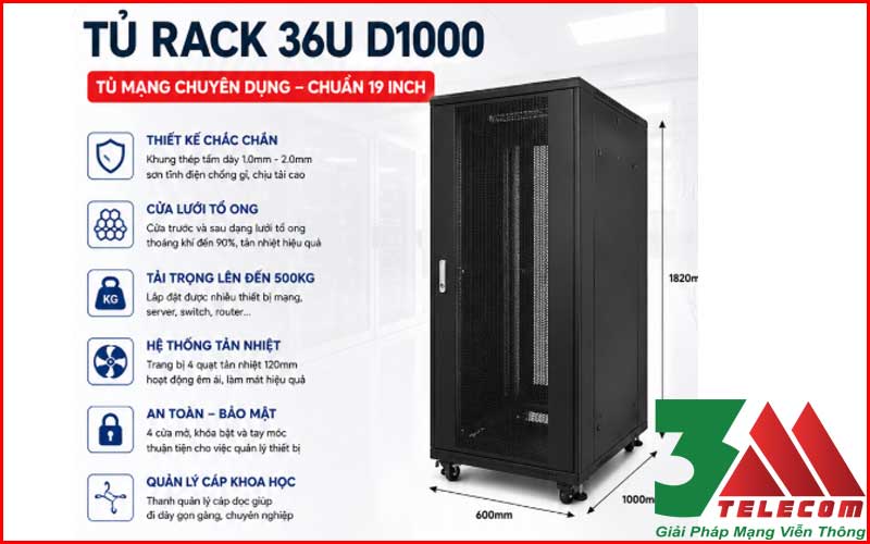Tủ Rack 36U D1000 Cửa Lưới | Tủ Mạng 19 Inch Chịu Tải 500Kg