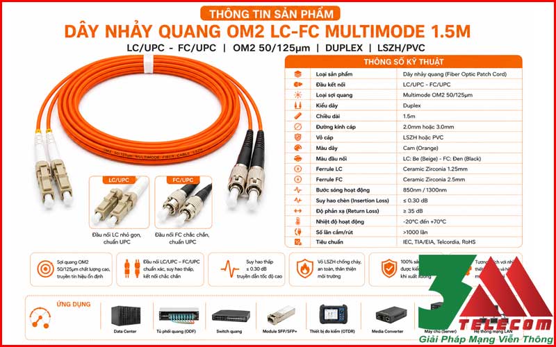 Dây Nhảy Quang OM2 LC-FC Multimode 1.5m Giá Rẻ Tại Hà Nội